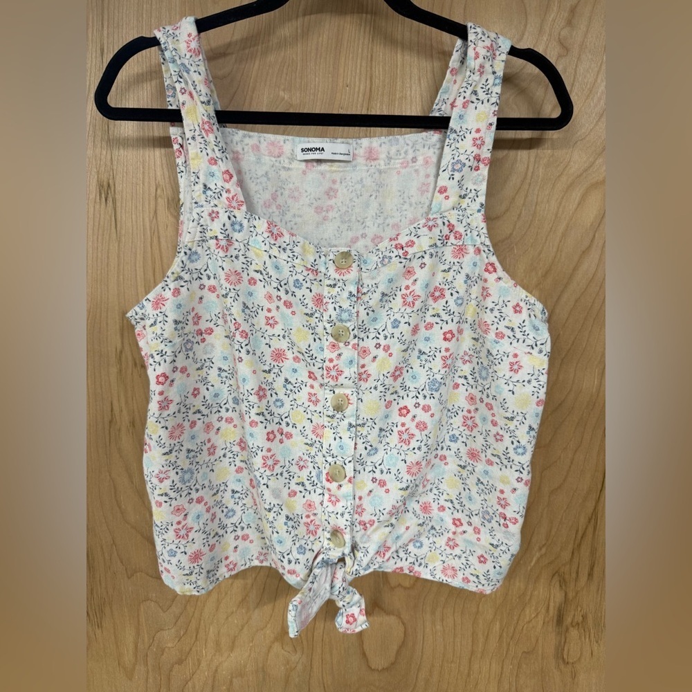 Sonoma Large Linen/Rayon Tank Top Square Neck Tie Hem Buttons Floral Vine Print